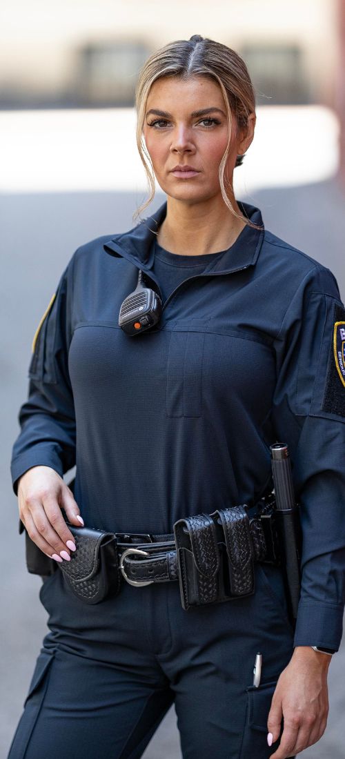 Officer wears class c women's tactical base shirt in an alleyway