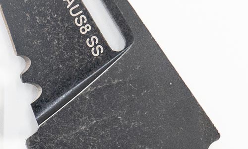 Close up image of stainless steel wharncliffe blade on Sidekick Fixed Blade Knife