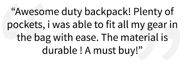 5 star review for the Silent Partner Duty Bag, "Awesome duty backpack! Plenty of pockets, I was able to fit all my gear in the bag with ease. The material is durable. A must buy!"